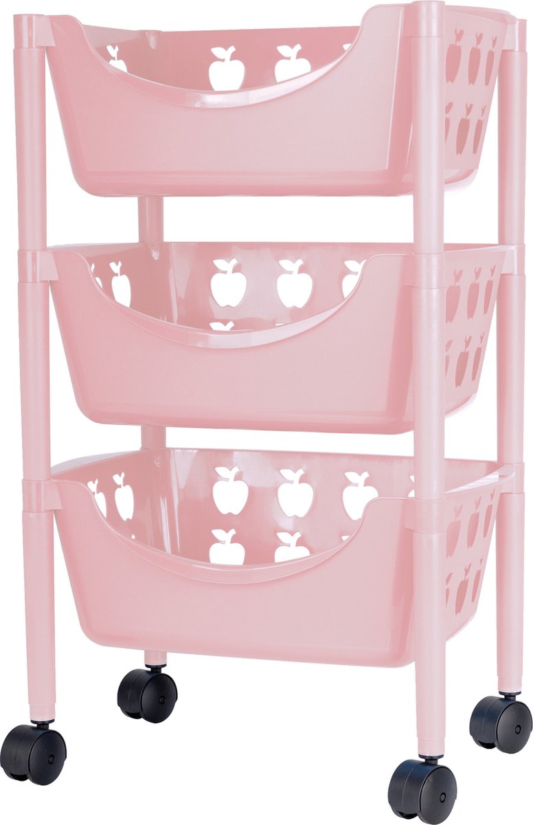 Juypal Keukentrolley met appelmotief - 3-laags - roze - kunststof - 45 x 29,5 x 70,5 cm
