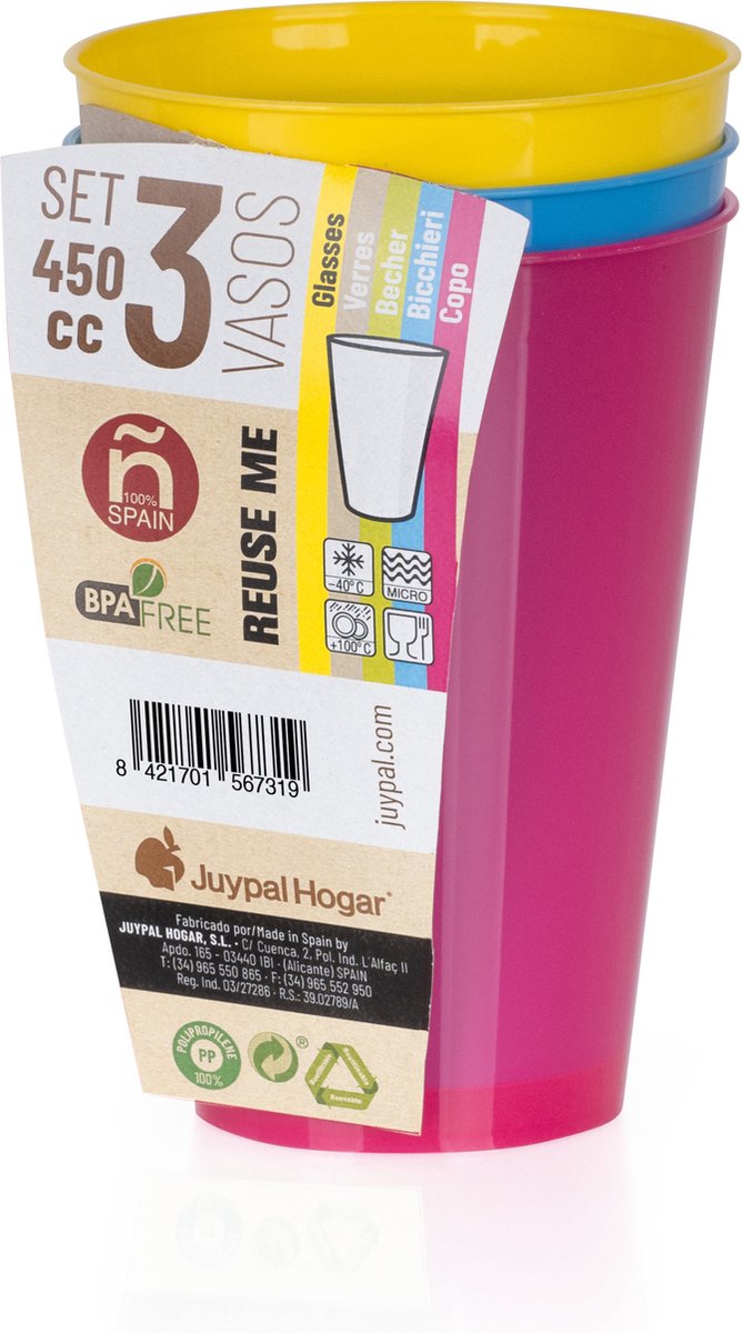Juypal drinkbekers - 3x - multi - kunststof - 450 ml - herbruikbaar - BPA-vrij