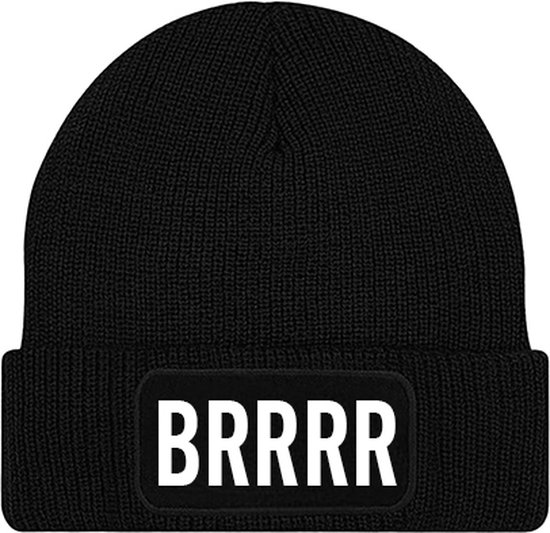 BRRRR muts - Zwart (witte letters) - Beanie - One Size - Uniseks - Grappige teksten | Designs - Wintersport - Aprés ski muts - Ik ben vandaag zo vrolijk - Cadeau