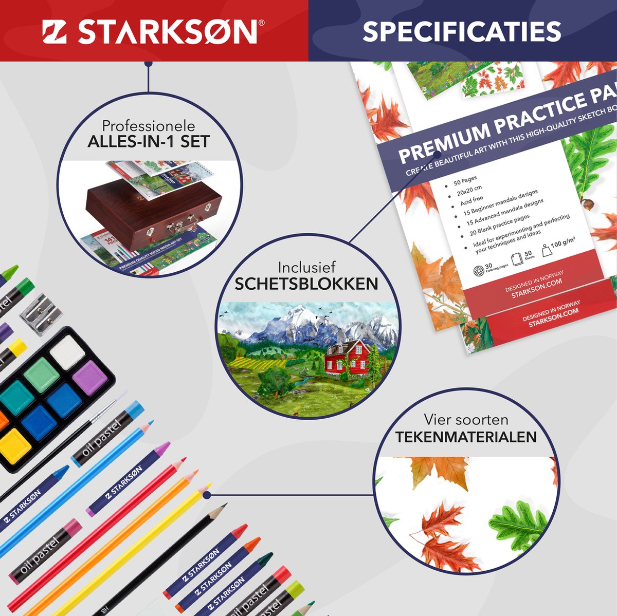 STARKSØN 141-Delige Houten Tekenkoffer Set Incl. Kleurpotloden, Oliepastel Krijt, Waterverf & Aquarelverf - Teken Doos - Teken Koffer Voor Kinderen & Volwassenen — afbeelding 2