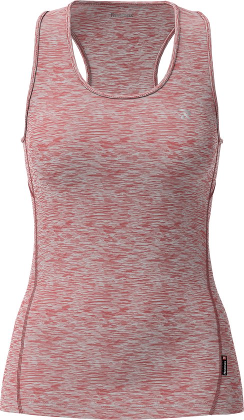 Roze gemêleerde sporttop met racerback, gedetailleerde naden en een label aan de zijkant.