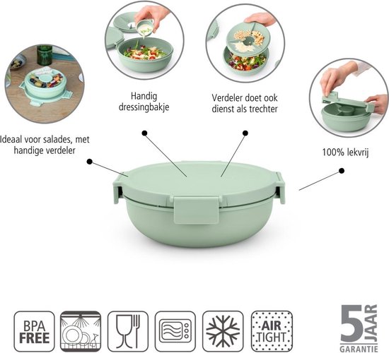 Aperçu de la boîte à salade vert pâle : idéale pour salades, diviseur pratique, pot à vinaigrette, 100% étanche.