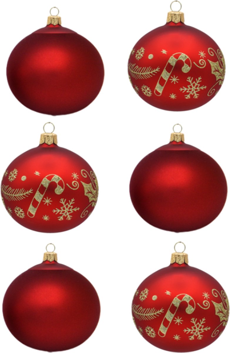 Sfeervolle Rode Kerstballen met Kerstpatroon met Zuurstokken en Kerstklokjes & effen mat rood - Doosje met 6 glazen kerstballen