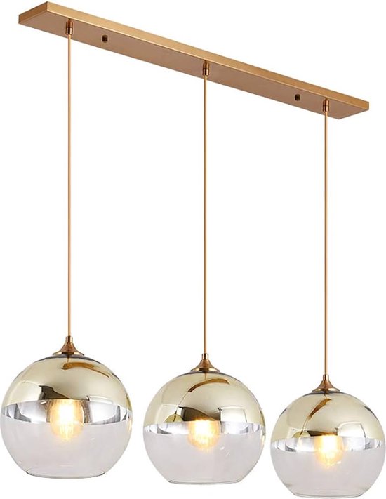 Lampe à suspension Design avec trois boules de verre | 94 cm | Or /ambre | Réglable en hauteur | Lampe de table à manger moderne | verre / métal | Éclairage d'ambiance chaleureux Bubble | Y compris source de lumière | Salon rural / moderne