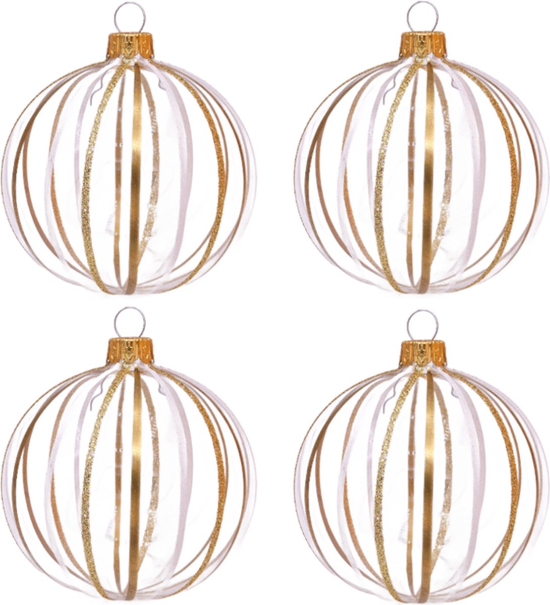 Chique Transparante Kerstballen met Gouden Strepen - set van 4 glazen kerstballen van 8 cm