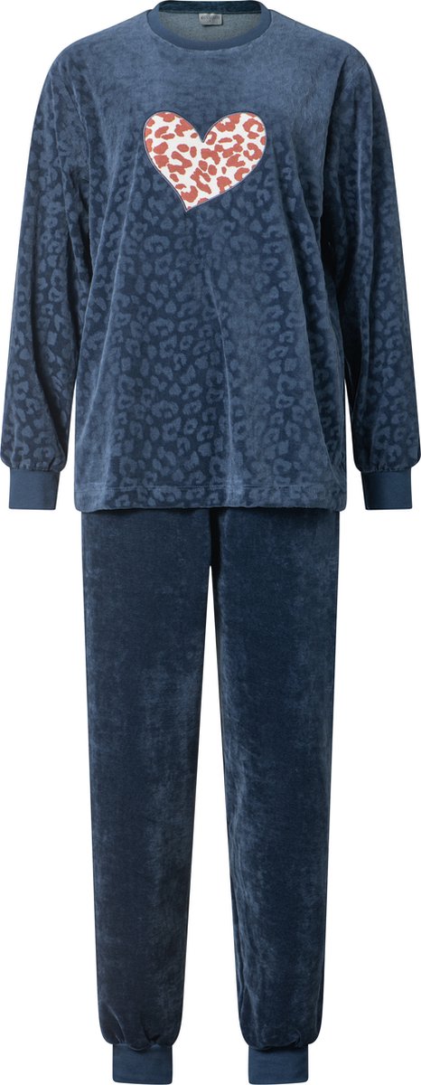 Lunatex warme dames pyjama velours 124209 - navy/bruin Navy-bruin