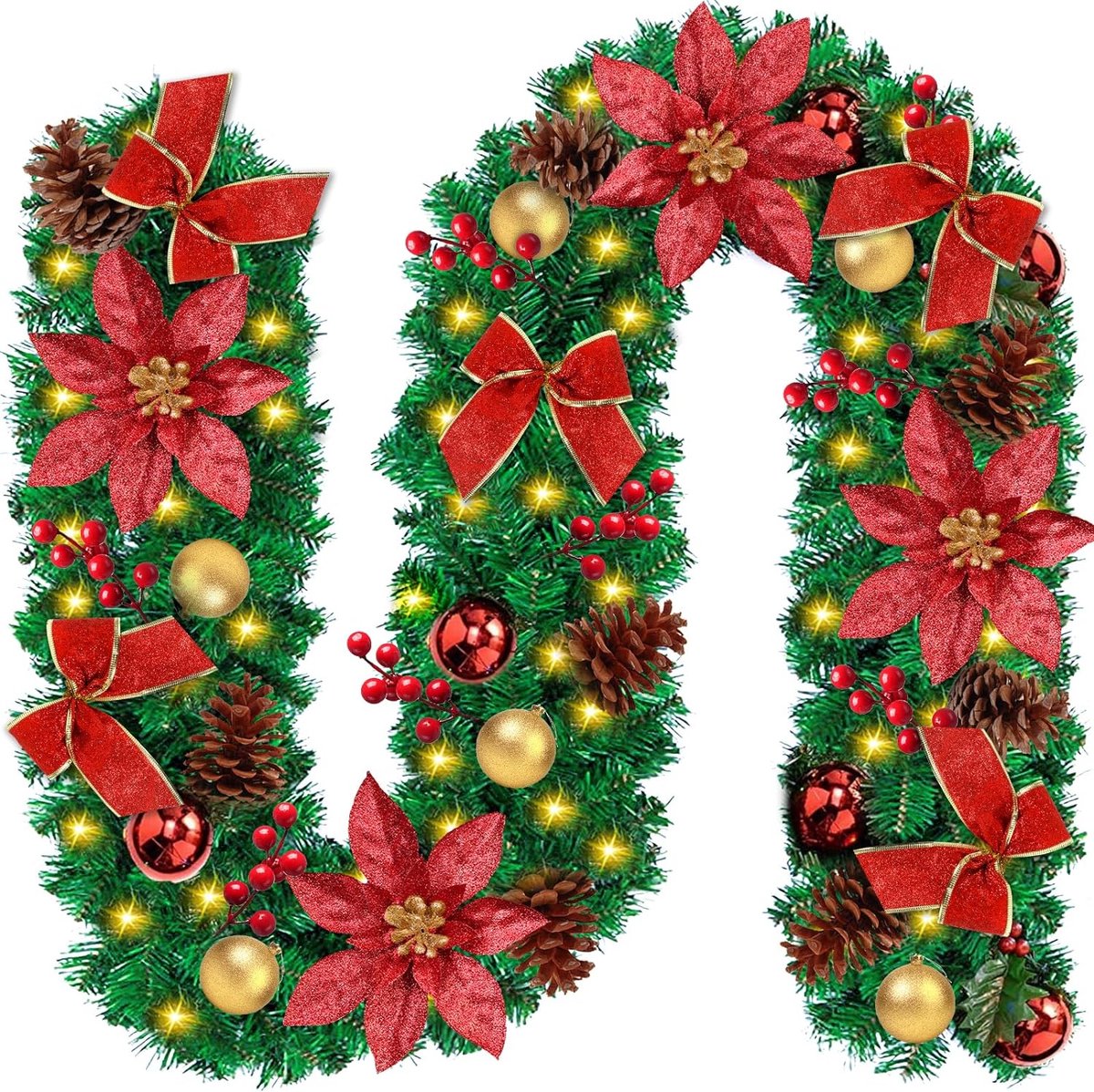 Kunstkerstboomslinger, 270 cm, kransen en kerstslingers, met rode bloem en rode bal, decoratie, kerstslingers voor slaapkamer, deur, muur, trap, open haard