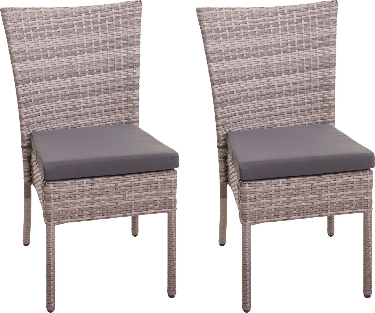 Set van 2 polyrotan stoelen MCW-G19, balkonstoel tuinstoel, stapelbaar ~ grijsbruin, donkergrijze kussens