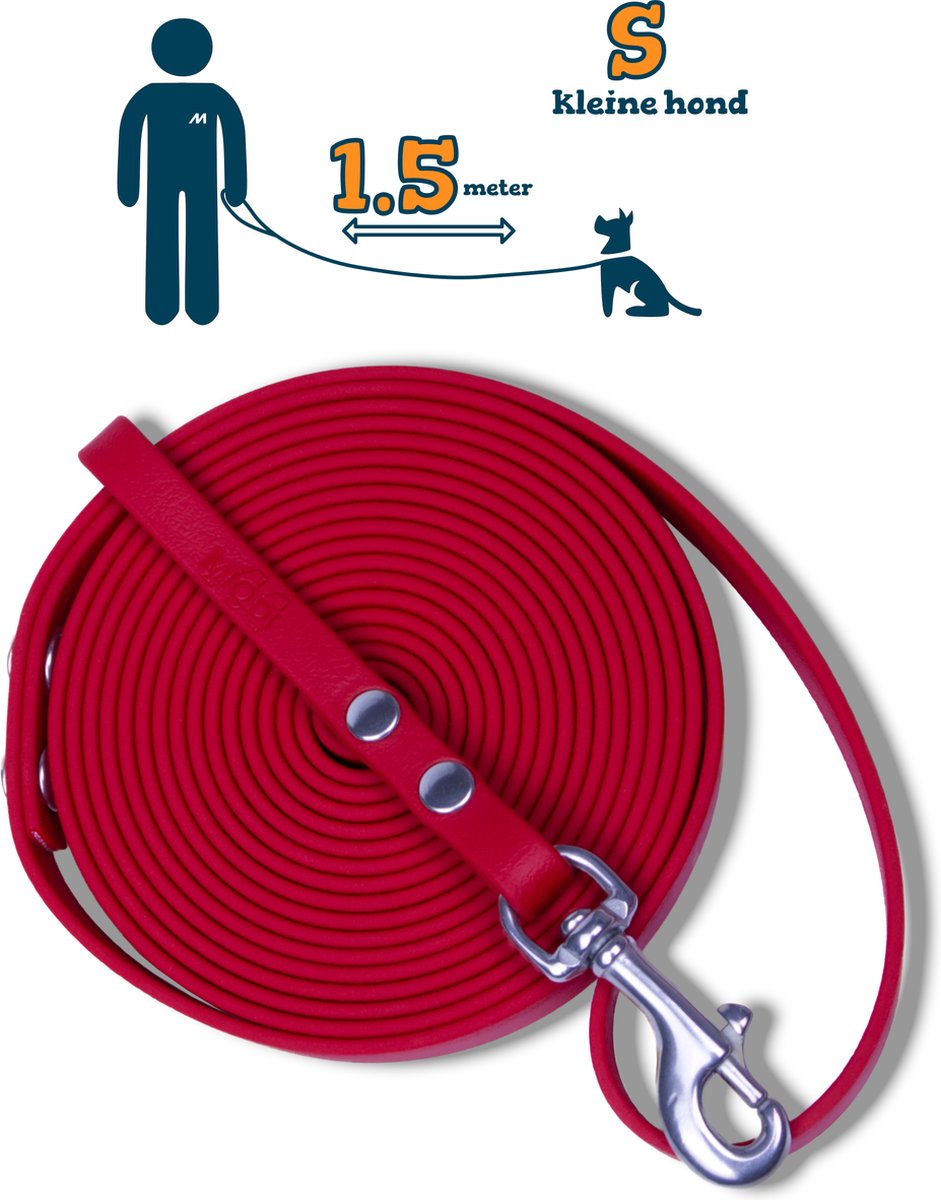 Miqdi hondenriem - BioThane – rood – 1.5 meter lang – 9mm breed – XS/S – kleine hond