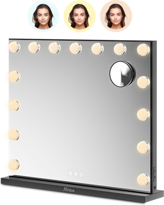 Mirlux Hollywood Make Up Spiegel - LED Verlichting - 10x Zoom - Ophangbaar - Zwart - 58x48cm