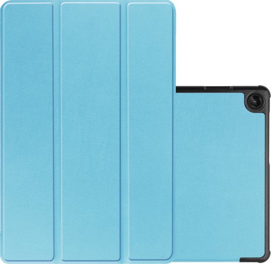 Étui de tablette bleu clair en modèle livre fermé, avec une tablette partiellement ouverte à côté.