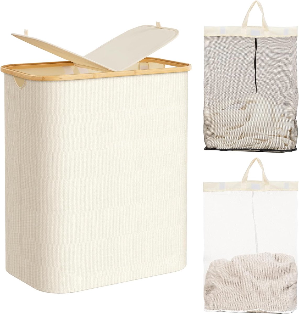 Goedkoopste Wasmand met deksel, 140 L, Wasmand met handvat, 2 verwijderbare waszakken, Opvouwbare wasmand met 2 zakken, Bamboe stof, Wasmand, Beige.