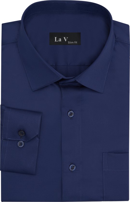 La V heren overhemd slim fit met strijkvrij Donkerblauw S