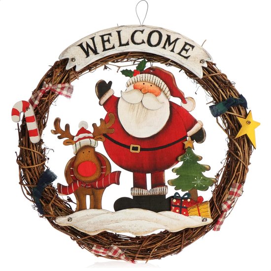 Kerstkrans gevlochten - Deurkrans "WELCOME" voor Kerstmis - Kerstdecoratie om op te hangen - Houten krans ca. Ø 31 cm (Kerstman - L)