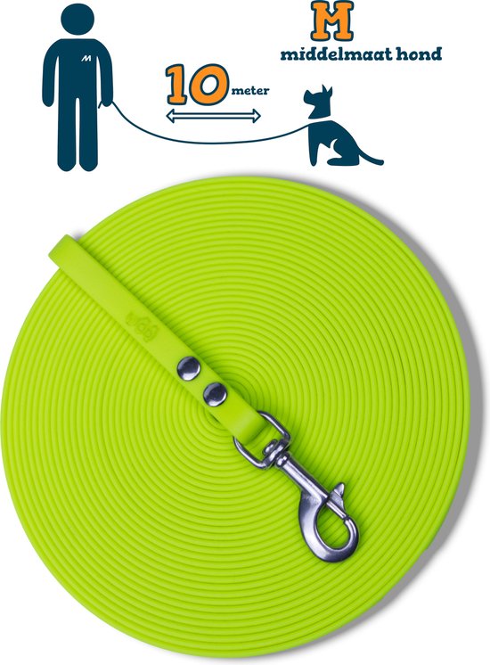 Miqdi BioThane® Sleeplijn 10 meter – zonder handvat – M (13 mm) – neon geel – waterdicht & sterk