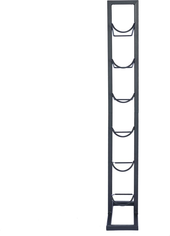 Leeg zwart metalen wijnrek met een slanke centrale paal en gebogen steunen.