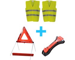 4-delige veiligheidsset - Veilig onderweg - 2x Geel hesje - Gevarendriehoek - Noodhamer