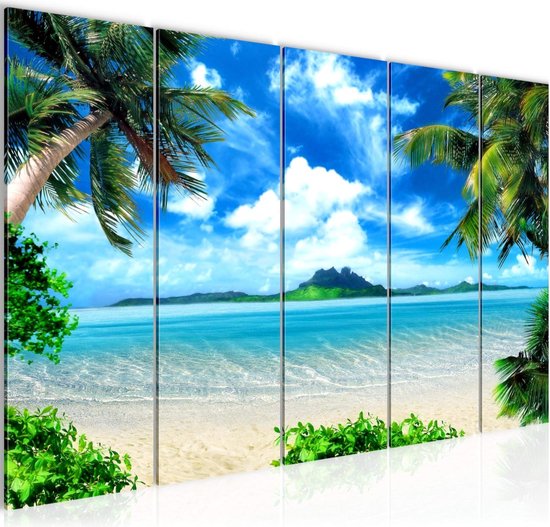 Canvas Tropisch Eiland - Muur Schilderij XXL - Strand Palmbomen - 200 x 80 cm - Blauw Beige - Wanddecoratie 5 Delen