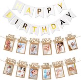 2-delige slinger set Milestone natural en Happy Birthday wit met goud - milestone - verjaardag - cakesmash - slinger