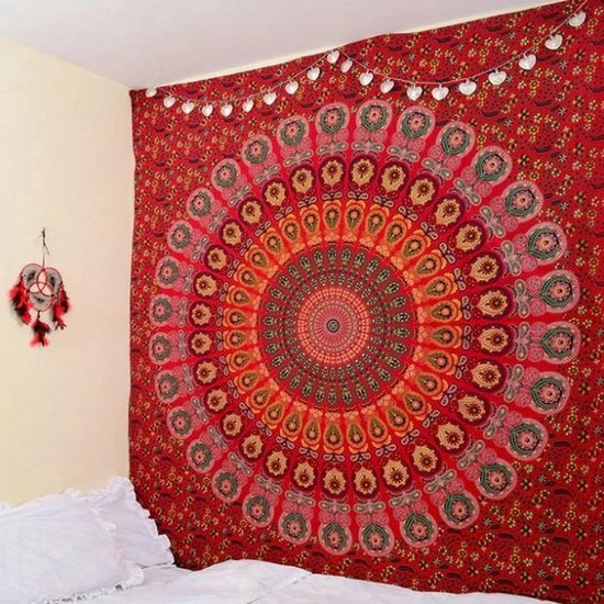 Lindian style - XL wandkleed - Mandala - 200X210 - oranje/rood - muur decoratie - wanddoek