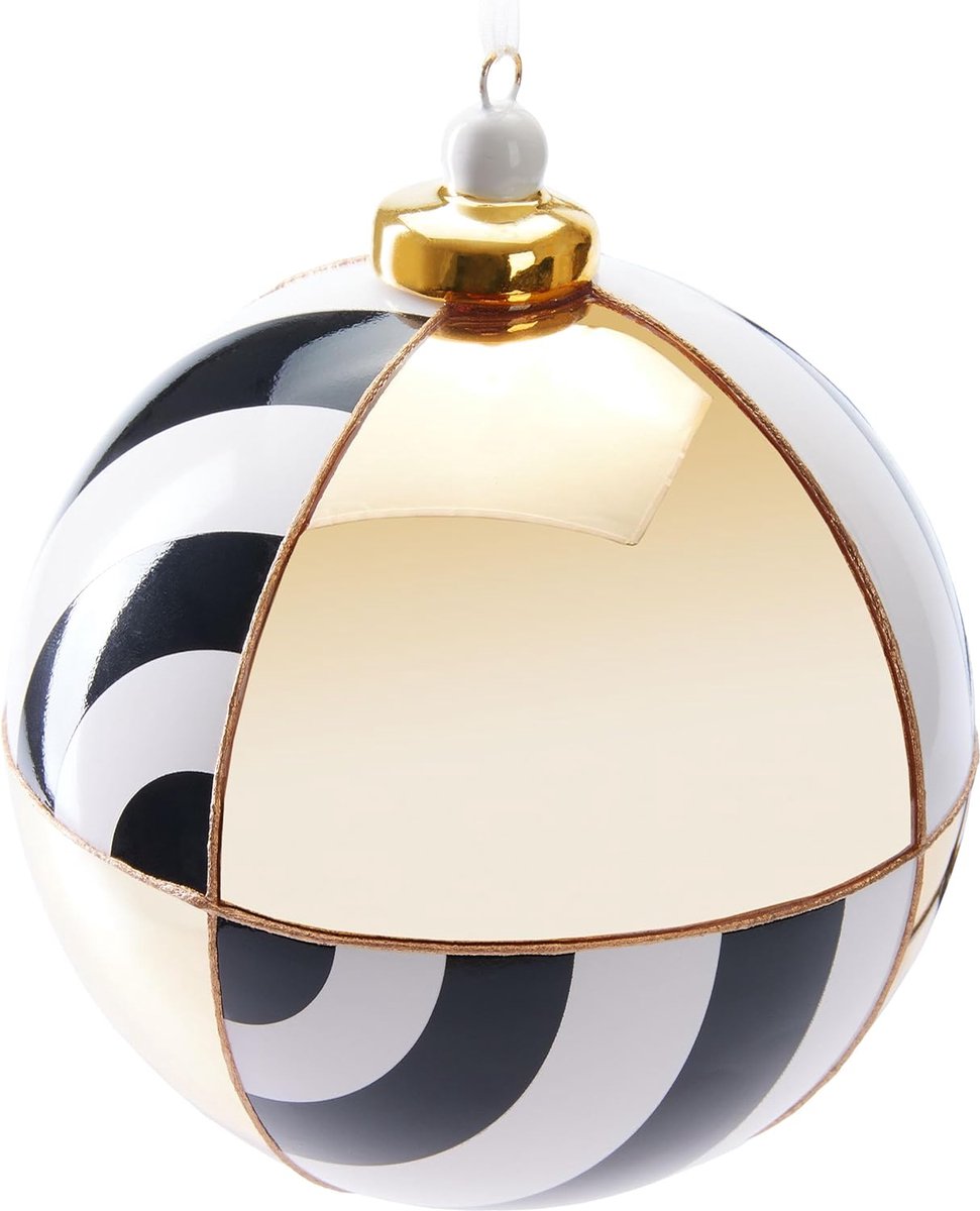 Brubaker Premium Kerstballen Met Cirkelpatroon, 10 Cm, Glazen Kerstballen Met Porseleinen Toppen, Handgemaakt, Kerstboomdecoratie, Kerstballen, Goud, Zwart En Wit Gold, Black and White