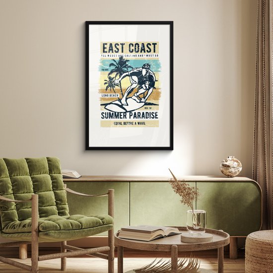 Cadre photo avec affiche - Planche de surf - Mer - Plage - Vintage - 60x90 cm - Cadre pour affiche