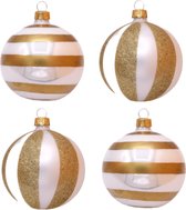 Stijlvolle, Witte, Kerstballen met Gouden Verticale en Horizontale Strepen - Doosje van vier kerstballen van glas 8 cm