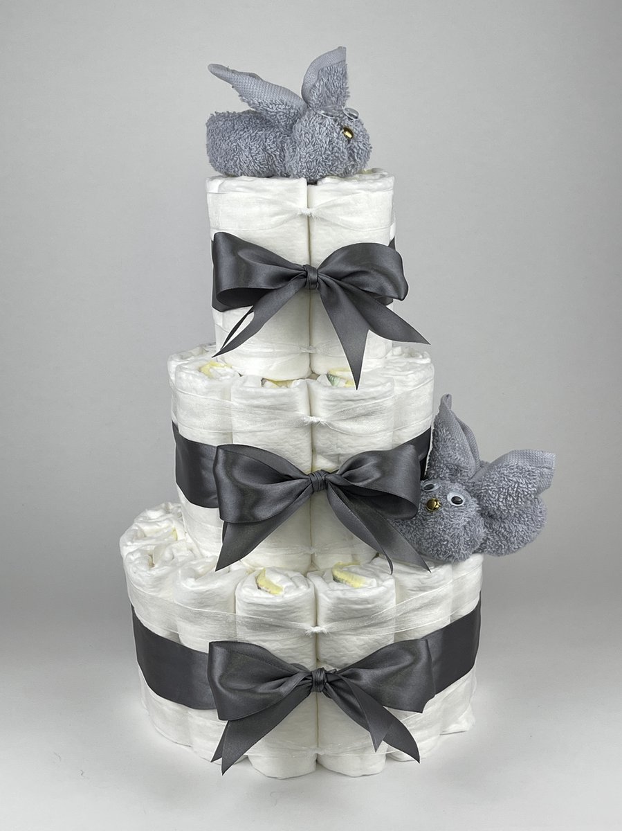 Goedkoopste Chouette-Chouette | Luiertaart Neutraal | Kraamcadeau | Geboorte Jongen Meisje | Babyshower | Konijnen Grijs - donker Grijs