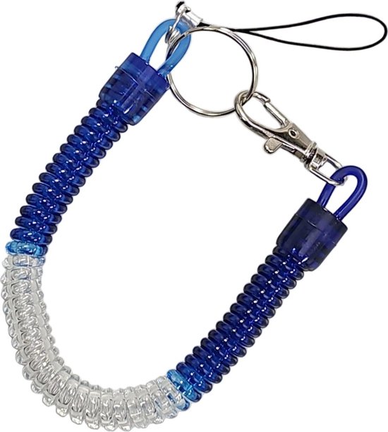 Fako Bijoux® - Uittrekbare Sleutelhanger Spiraal - Uittrekbaar - Verend - 24cm - Blauw/Wit/Blauw