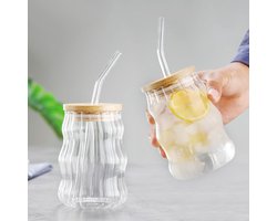set van 2 grote koffiekopjes, 500 ml latte macchiato glazen, met deksel en lepel, helderglazen kopjes, ijskoffie glazen kopjes, rimpel drinkglazen, warm koud drinkglas