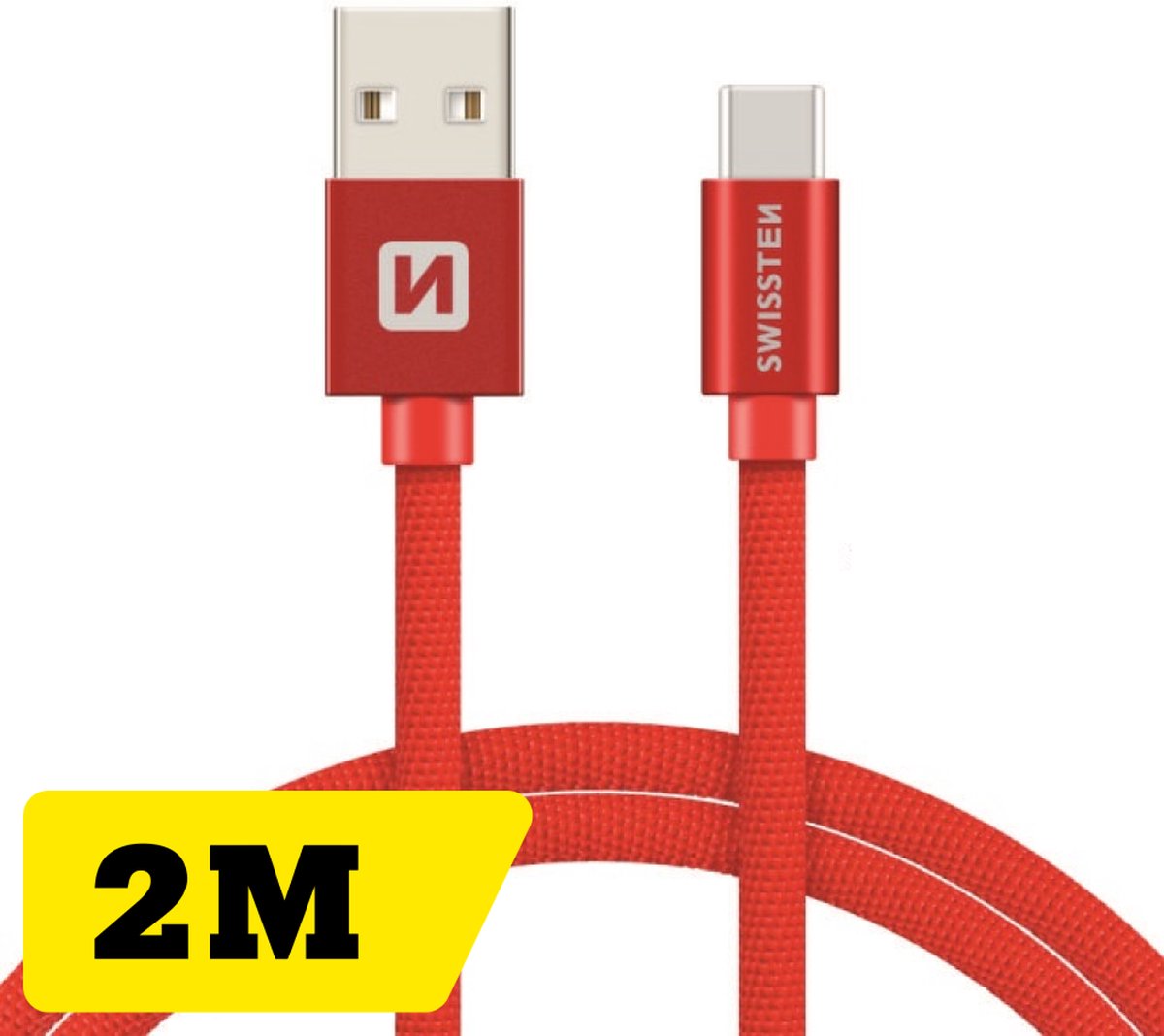 Swissten Gevlochten USB-C naar USB-A Kabel - 2M - Rood