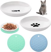 Cat Bowl Ceramic 2 Pieces Feeding Bowl Cat Bowl Non-Slip Set Wide Cat Bowl to Relieve Whisker Fatigue with 2 Pieces Non-Slip Mats