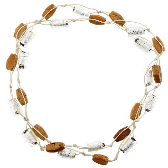 Behave Long collier marron blanc avec perles en bois et verre