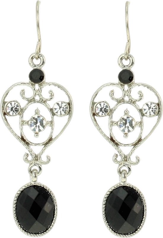 Behave Boucles d'oreilles pendantes pour femme en forme de cœur argentées avec pierres noires et cristal.