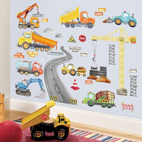 Bouw Voertuigen Muurstickers Tractor Graafmachine Kraan Aquarel Peel en