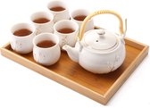 Japans theeservies, theeservies van wit porselein met 1 theepot, 6 theekopjes, 1 dienblad, 1 thee-ei, zoete Aziatische theeset voor theeliefhebbers (pruim in goud)