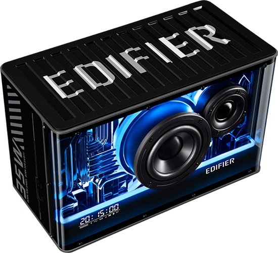 Zwarte Edifier-speaker met blauwe ledverlichting, zichtbare interne techniek en digitaal display.