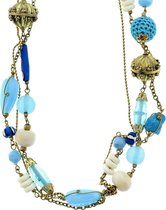 Behave Lange blauwe fantasie ketting met gehaakte kralen, glaskralen en goudkleurige kralen