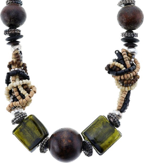 Collier Behave avec perles en bois marron et perles en verre vert