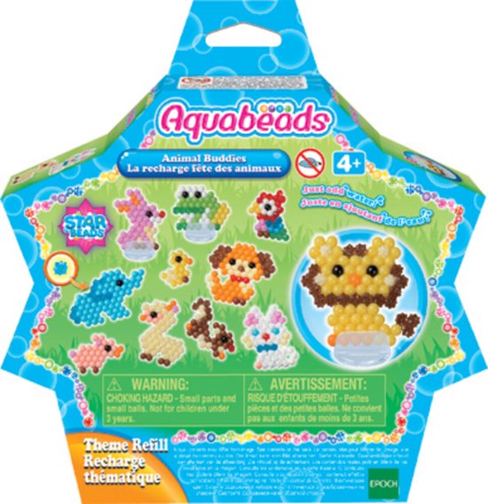 Aquabeads 31915 Thema navulling dierenvrienden 600 parels in 15 kleuren- met 3 handige standaards