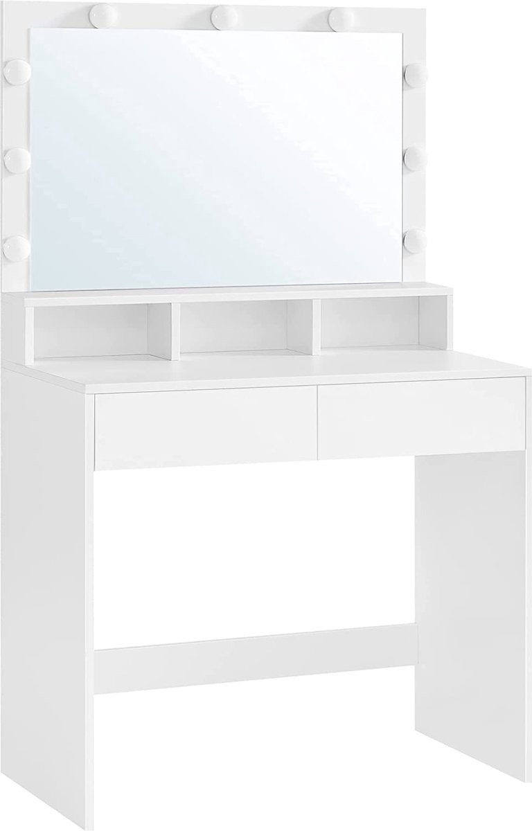FurnStar - Kaptafel - Kaptafel - Cosmeticatafel Met 9 LED-lampen En Spiegel - Instelbare Helderheid - 2 Laden En 3 Open Vakken - Laden - Modern - Wit