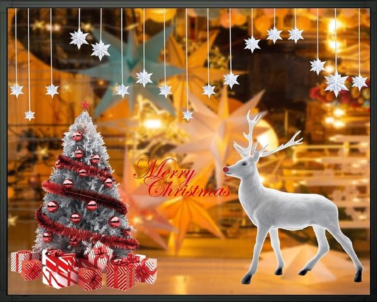 Kerstmis-raamstickers 2 sets , grote kerstboom en eland, kerststickers voor muur of raam decoratieve stickers, afneembare vinyl, kerstdecoratie winkelvitrine