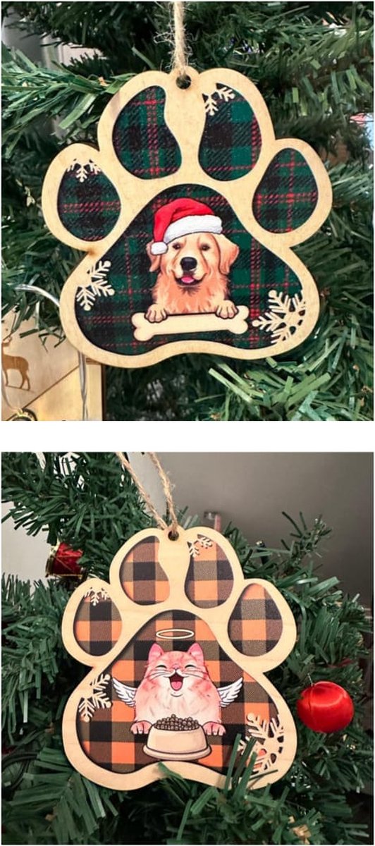 Houten kerstballen in de vorm van een hond- en katpoot, authentiek hout, perfect voor kerstdecoratie.