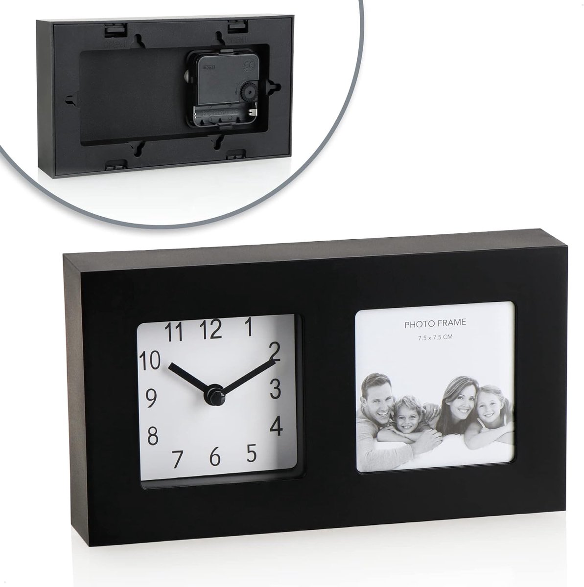 Unbranded tafelklok met fotolijst analoge klok op batterijen met fotolijst moderne fotodisplay met klok voor thuis of op kantoor wandklok met witte wijzerplaat (01 stuk zwart)