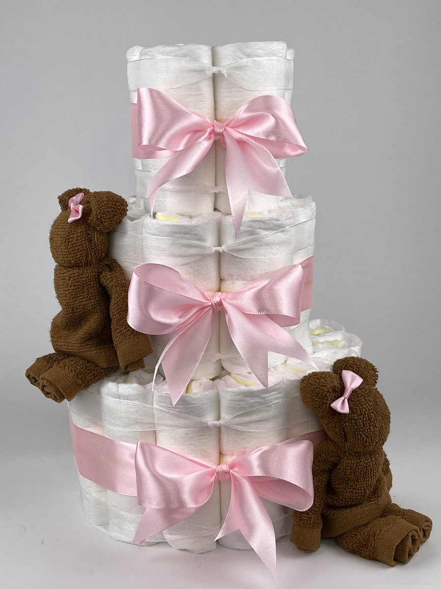 Chouette-Chouette | Luiertaart Meisje | Kraamcadeau | Geboorte Meisje | Babyshower | Beren clay Bruin - Roze