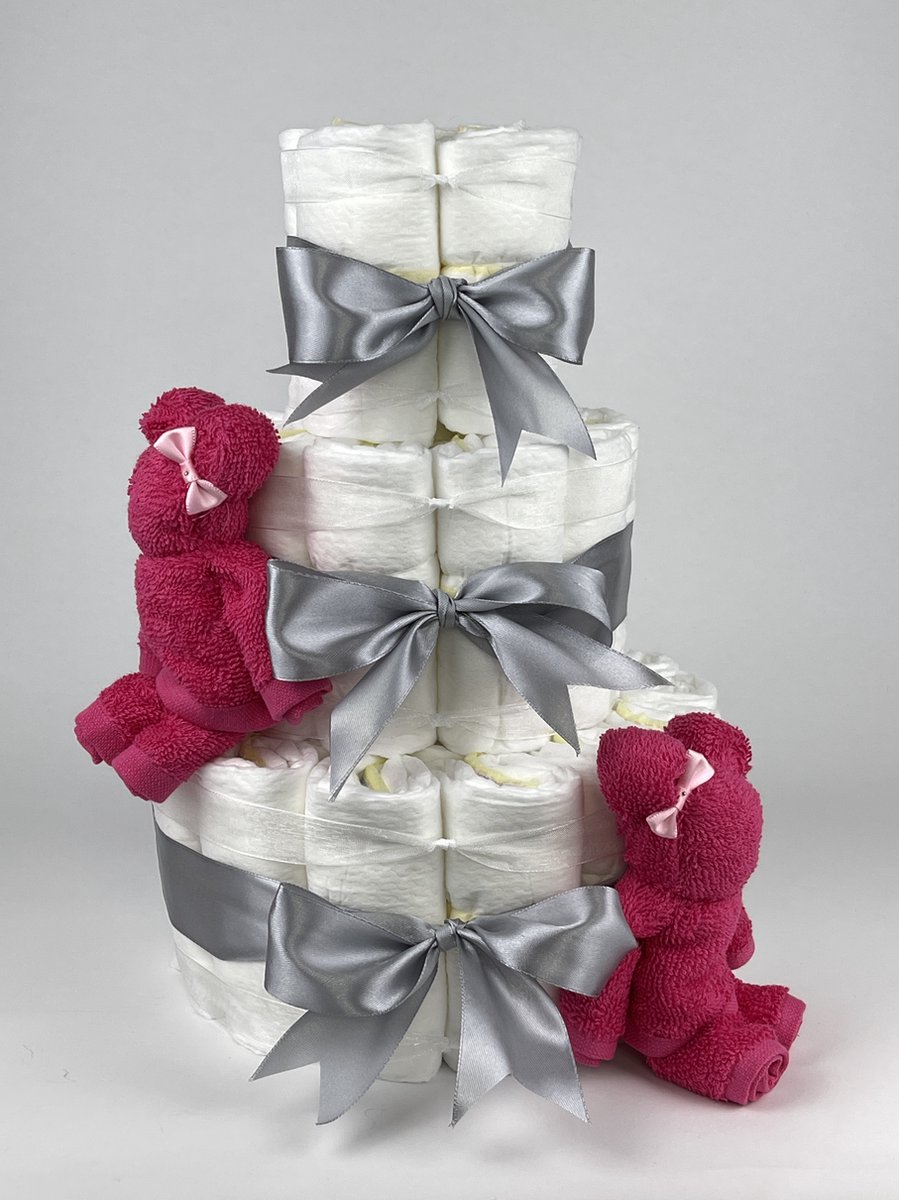 Chouette-Chouette | Luiertaart Meisje | Kraamcadeau | Geboorte Meisje | Babyshower | Beren Fuchsia roze - Grijs