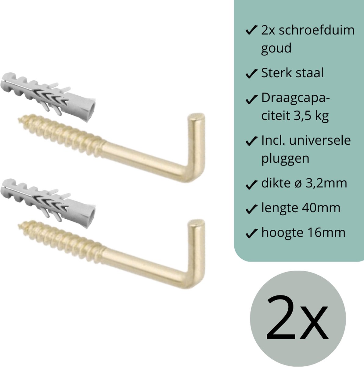 Schroefduimen Vermessingd (goud) - 2 stuks - 40mm x 16mm x ø3,2mm (schroef haak - schroef duim - ophang haak - wand haak)