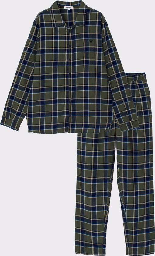 Foto: Woody studio pyjama doorknoop flanel jongens heren kakigroen geruit 232 12 mwa w 961 maat l