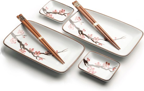 Luxe - Service à sushi - Oriental Sakura - 2 Personnes - 6 Pièces - Service à sushi - Comprend - 2 assiettes à sushi - 2 bols à sushi - 2 bâtonnets de sushi