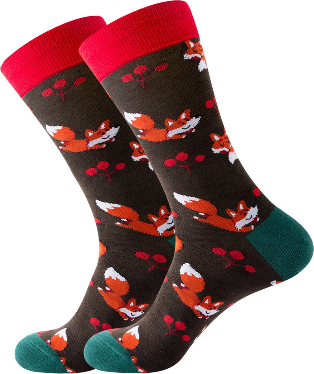 Sokken heren - bruin - oranje - leuke print vos - maat 40-46 - cadeau - voor hem